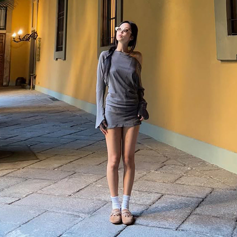 Women's Ruched Off-Shoulder Long Sleeve Mini Dress – Grey Cotton Casual Bodycon Dress - Image 2