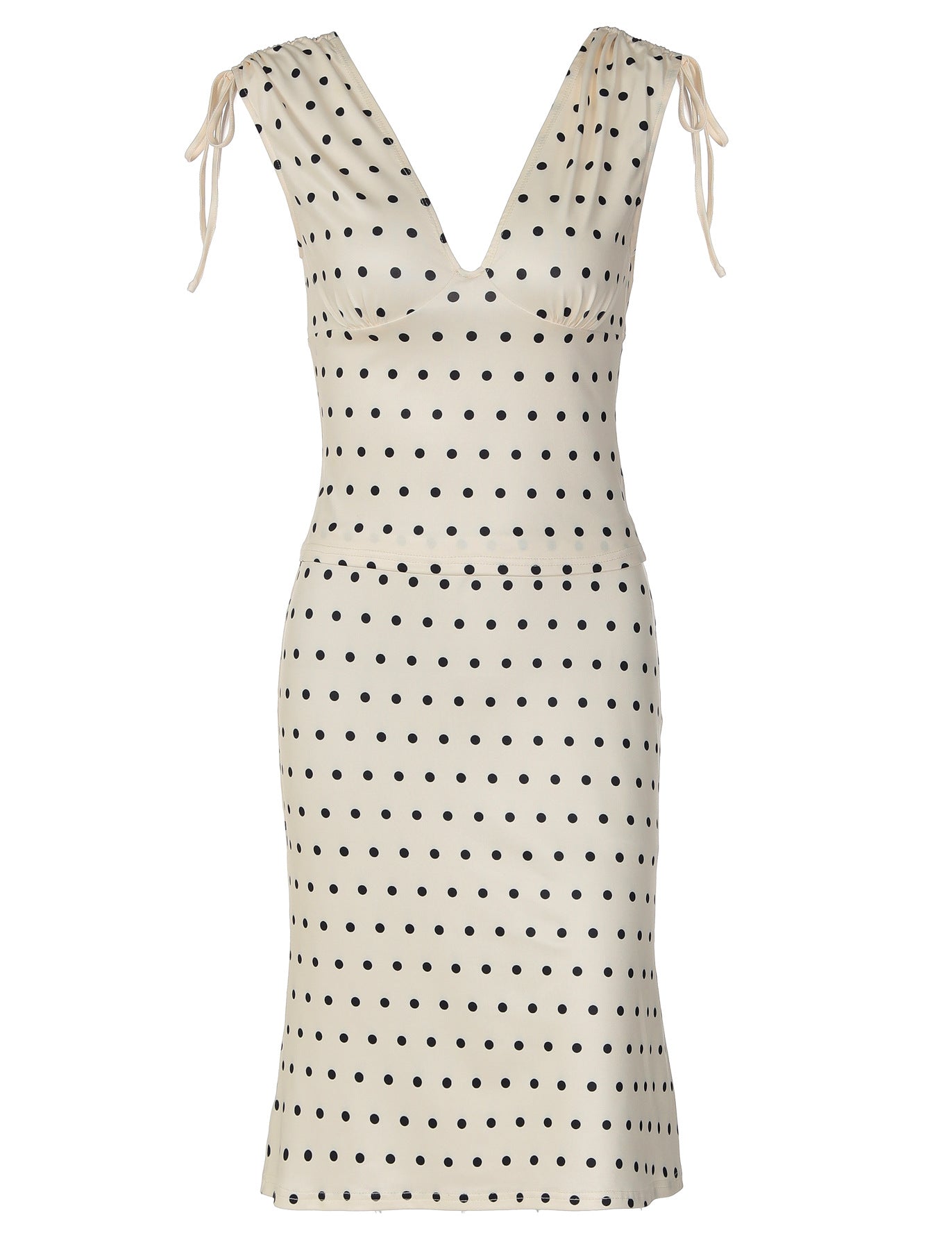 Women's 2-Piece Polka Dot Midi Skirt Set – V-Neck Crop Top & High-Waist Ruched Skirt Outfit - Image 5