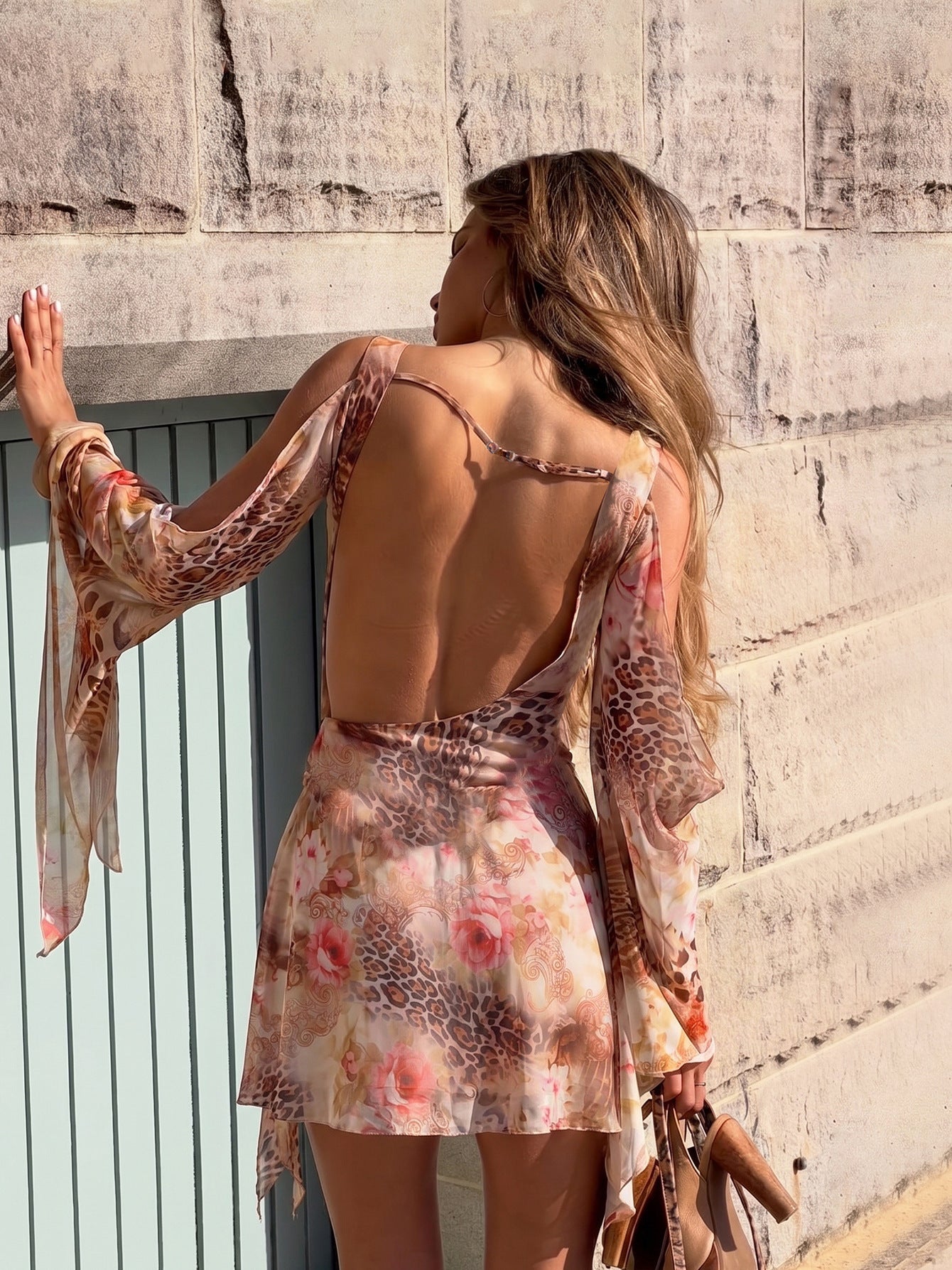 Women's Sheer Mesh Cowl Neck Mini Dress – Long Sleeve Leopard & Floral Print Bodycon Dress - Image 4