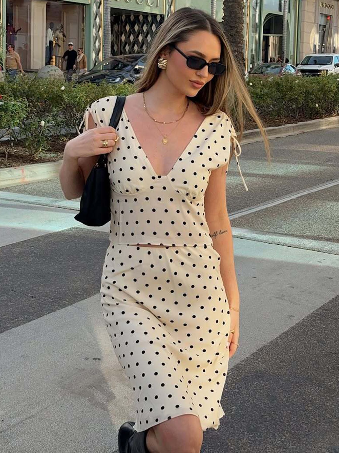 Women's 2-Piece Polka Dot Midi Skirt Set – V-Neck Crop Top & High-Waist Ruched Skirt Outfit
